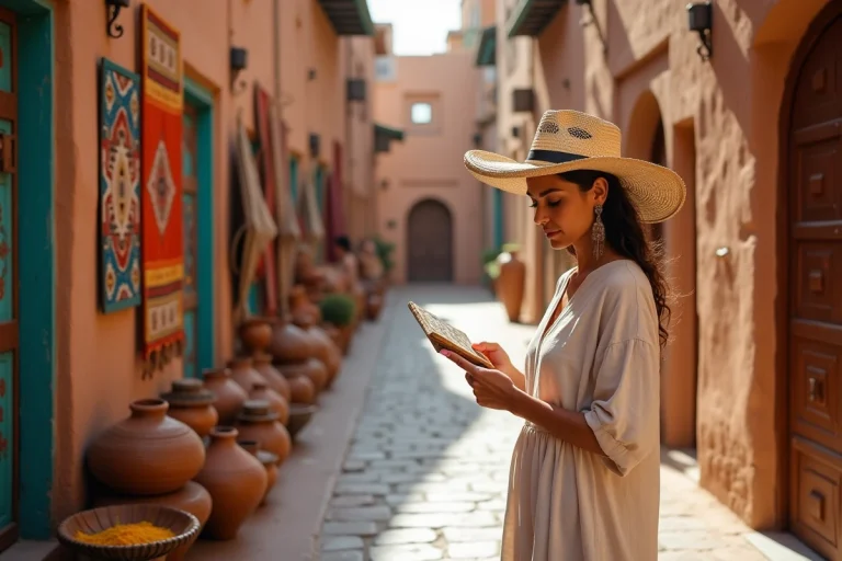 Femme en voyage thématique dans une médina marocaine, explorant une ruelle artisanale avec des tapis colorés et des céramiques traditionnelles