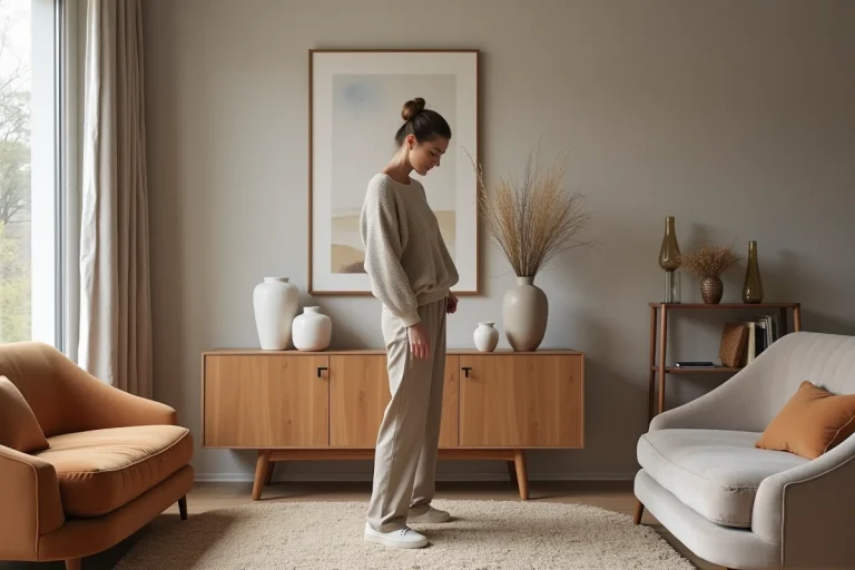 Femme arrangeant des vases en céramique dans un intérieur moderne
